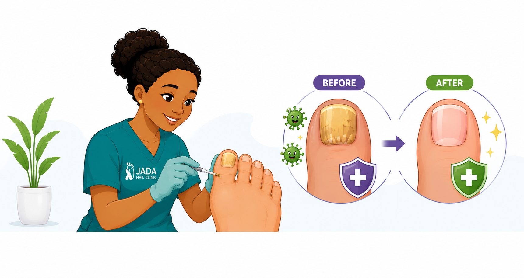 Clinical nail psoriasis before and after treatment results at Jada Nail Clinic.