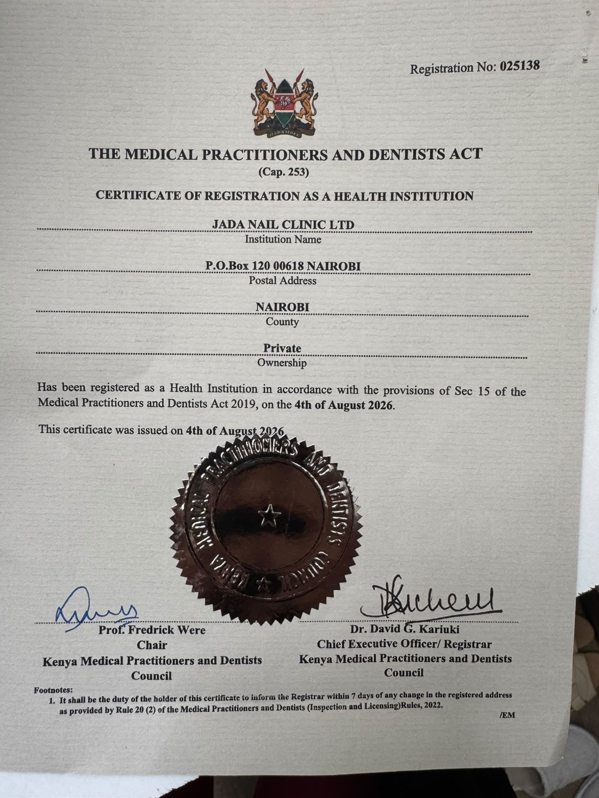 Kenya Medical Practitioners and Dentists Council Certificate of Registration for Jada Nail Clinic Ltd - Registration No. 025138
