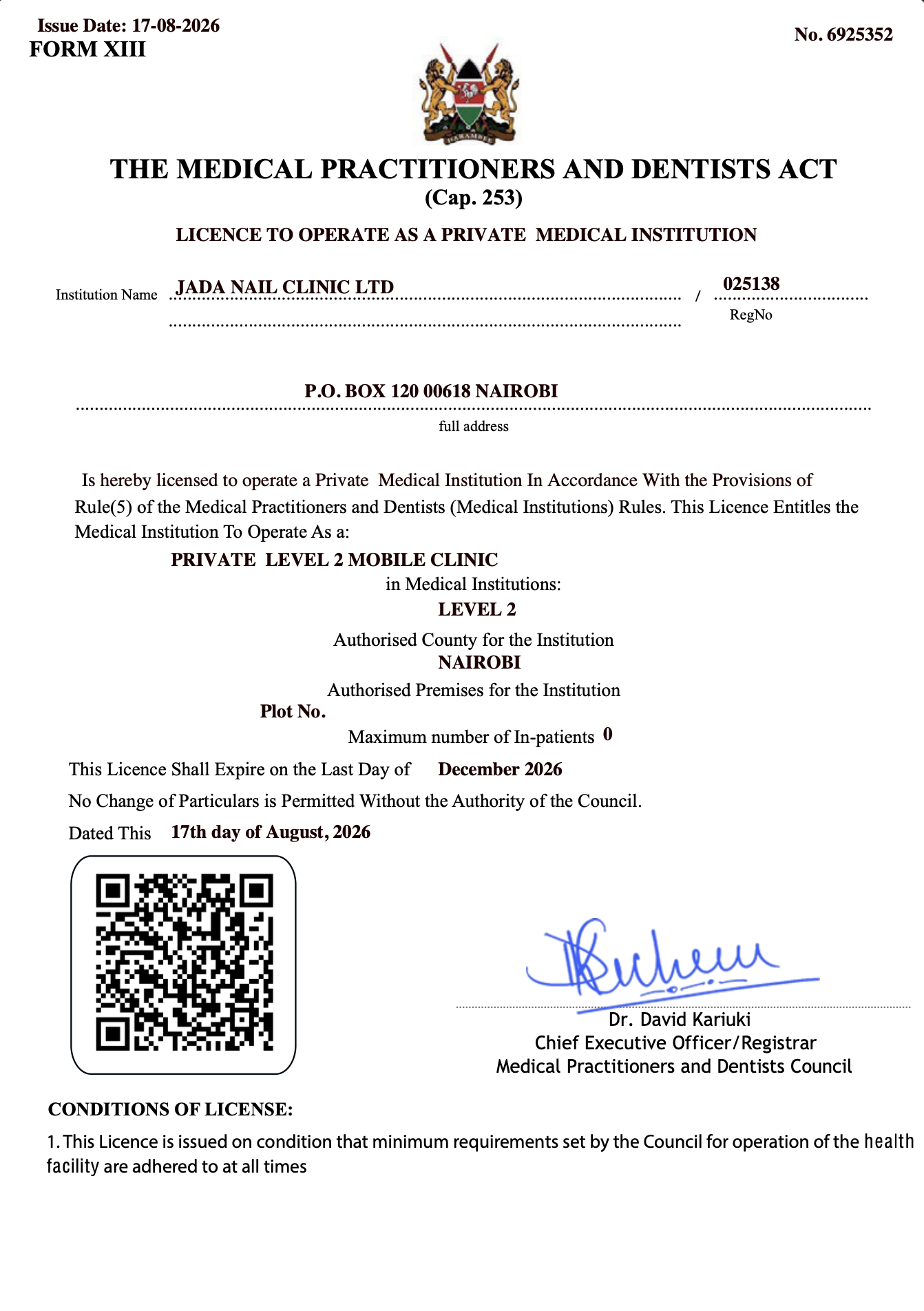 Kenya Medical Practitioners and Dentists Council Certificate of Registration for Jada Nail Clinic Ltd - Registration No. 025138